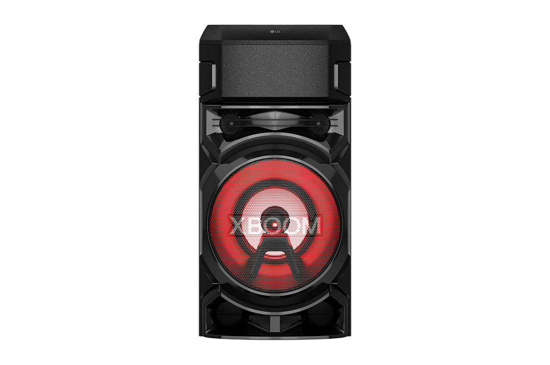 LG XBOOM RN5 Party Speaker with Bluetooth and Bass Blast, front view with red lighting, RN5