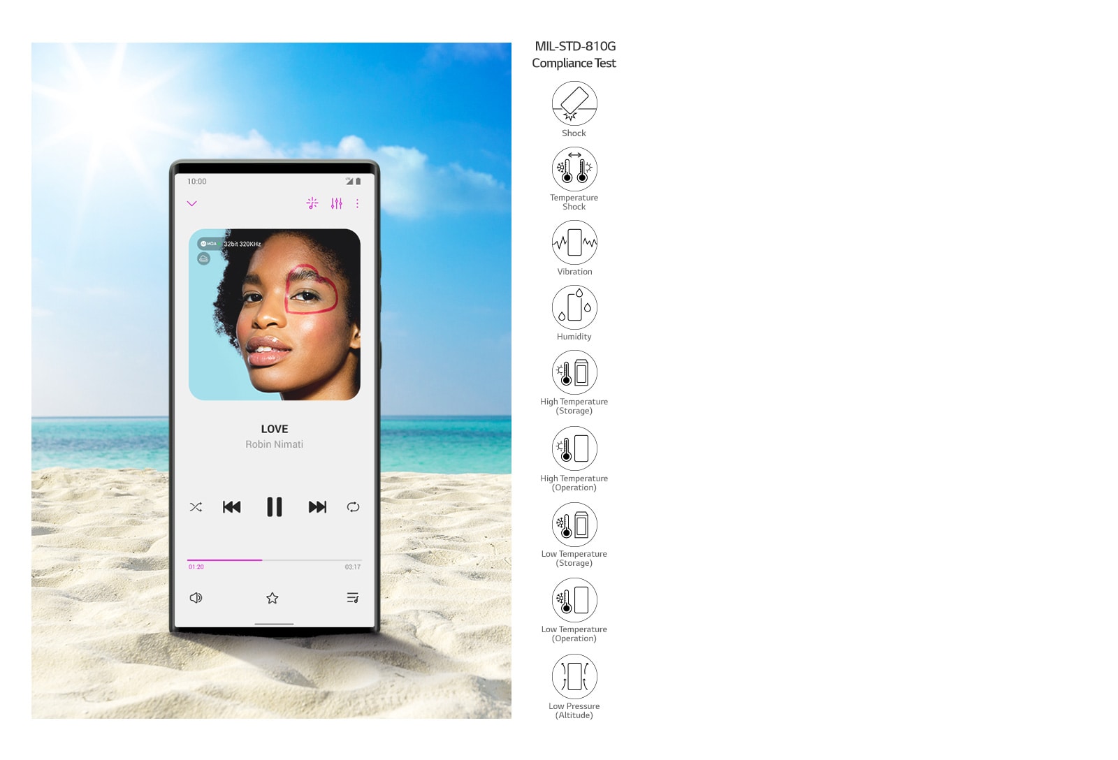 Smartphone standing on the beach playing music