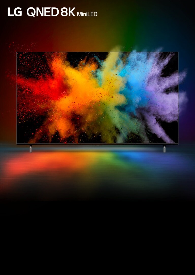 TV is placed in black space. The color powder explodes within TV monitor.