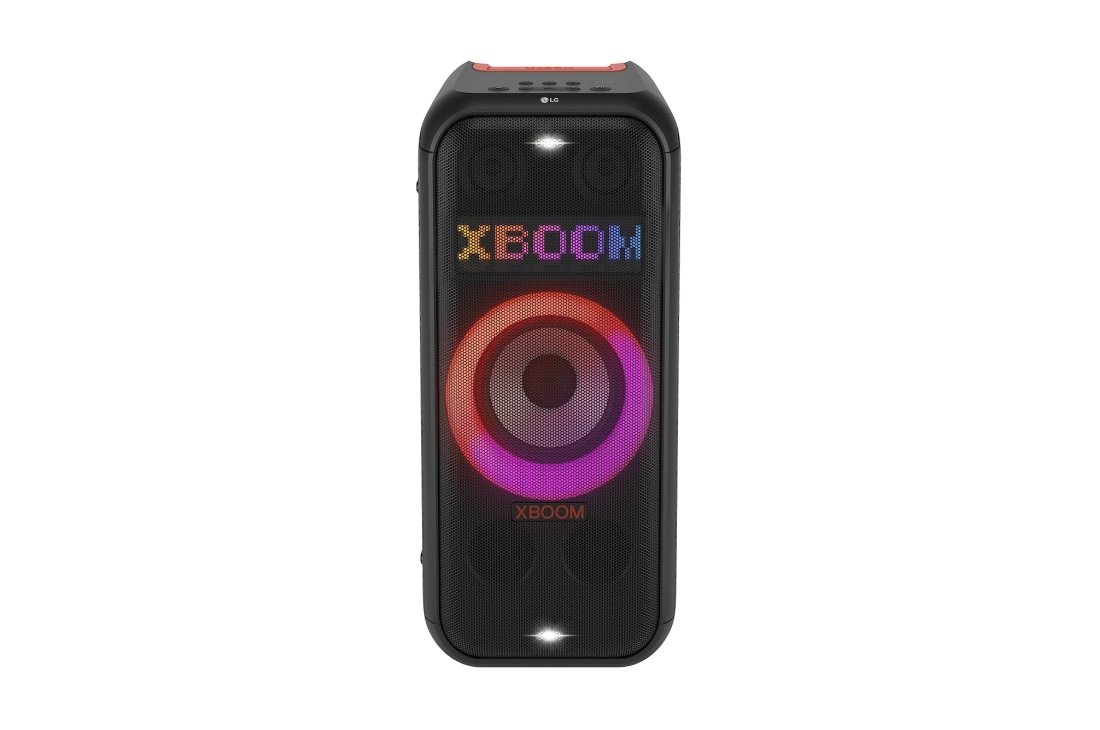LG XBOOM Portable Party Bluetooth Speaker With Pixel LED & Multi-Colour Ring Lighting, Front view with all lighting on. On the Dynamic Pixel Lighting panel, it shows the text; XBOOM., XL7S