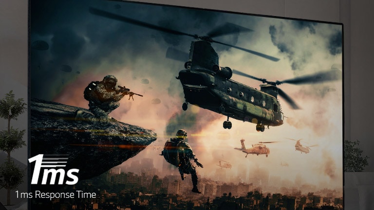 A TV screen displaying a battle game with armed soldiers and helicopters flying in the sky.