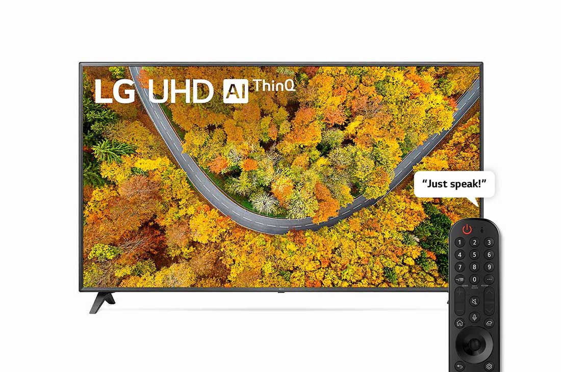LG UHD TV 75 Inch UP75 Series Cinema Screen Design 4K Active HDR WebOS Smart with ThinQ AI (2021), front view with infill image, 75UP7550PVC