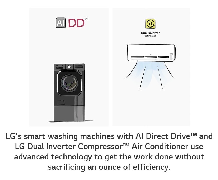 LG Smart washing machine with AI direct drive and air conditioner use advanced technology to get the work done without sacrificing the energy.