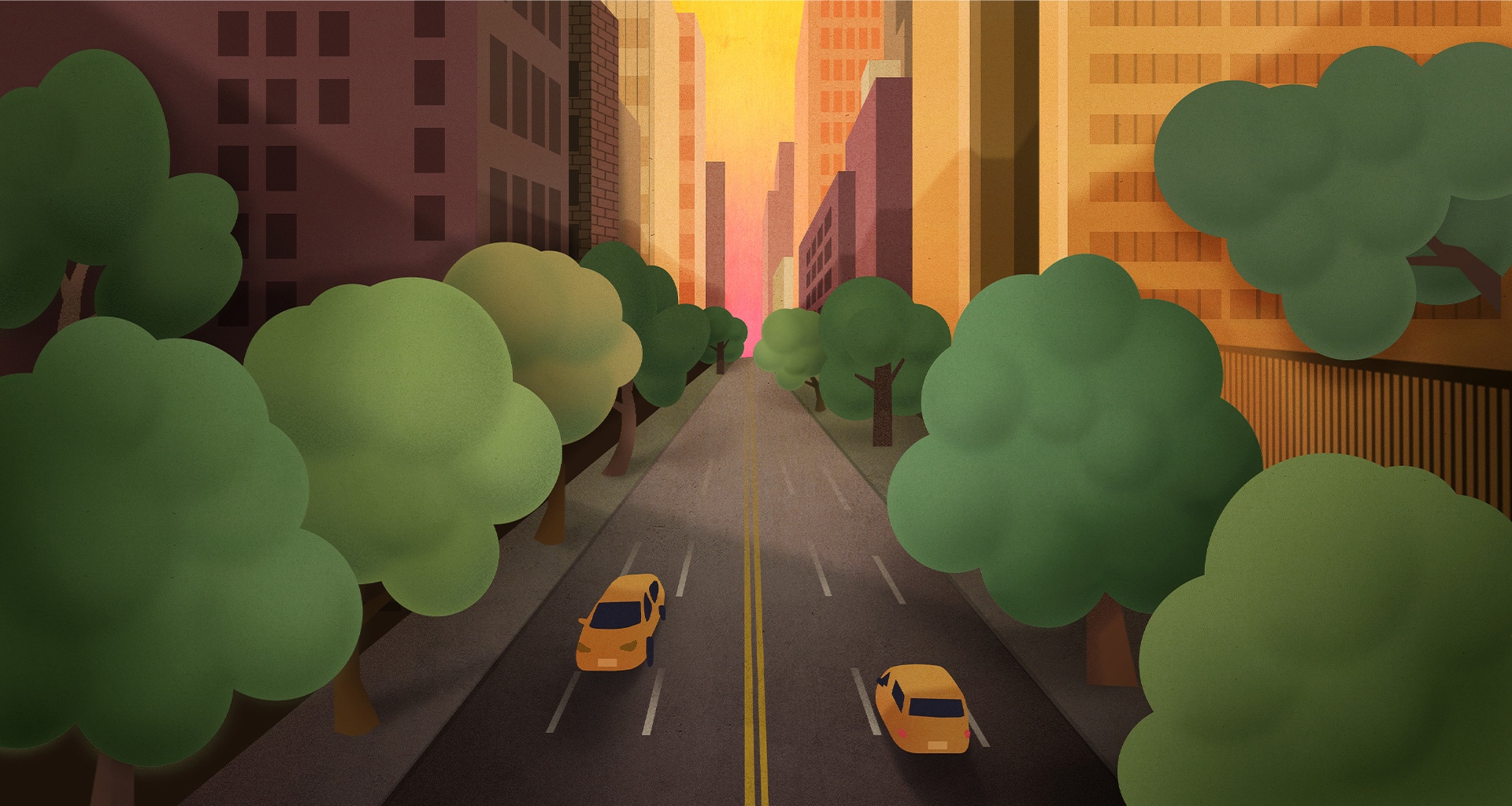 A crayon-style illustration of a tree-lined city road with cars driving through it