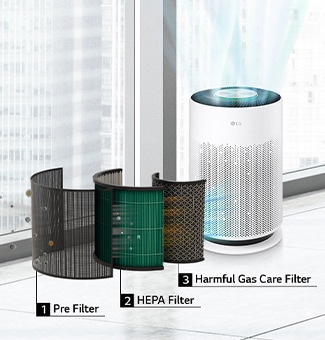 There is a PuriCare air purifier with airflow in front of the window, and three filters are seen filtering dust in front of it.
