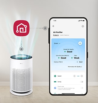 Airflow comes out of the PuriCare air purifier on the left, and the LG ThinQ logo is visible on top of it, and the LG ThinQ app screen on the right is linked to the mobile phone.