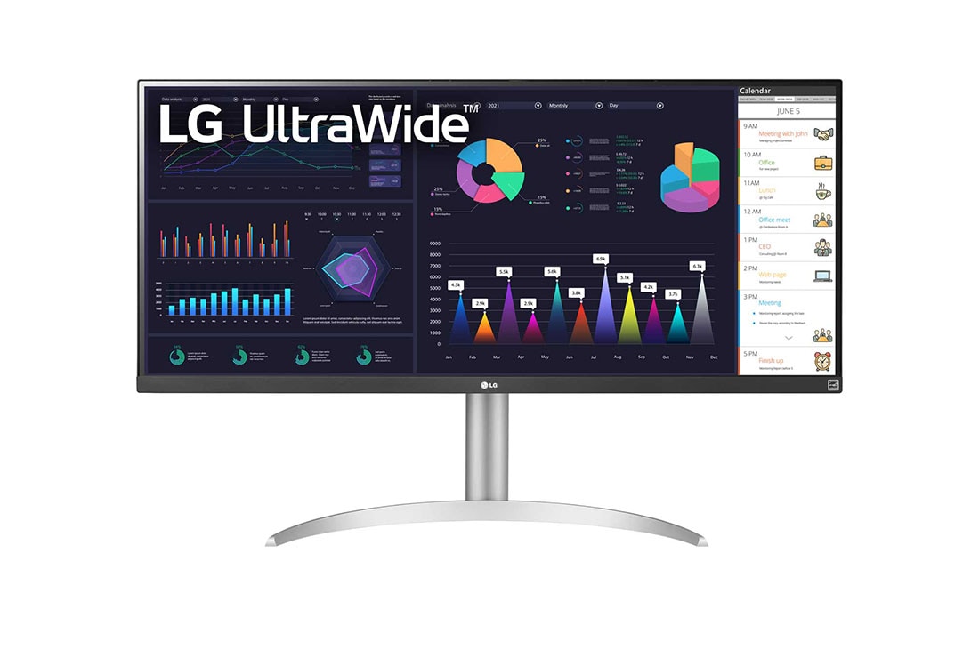 LG 34 Inch 21:9 UltraWide Full HD Monitor, USB C Type, IPS Monitor With AMD FreeSync™ and an Adjustable Stand, front view, 34WQ650-W