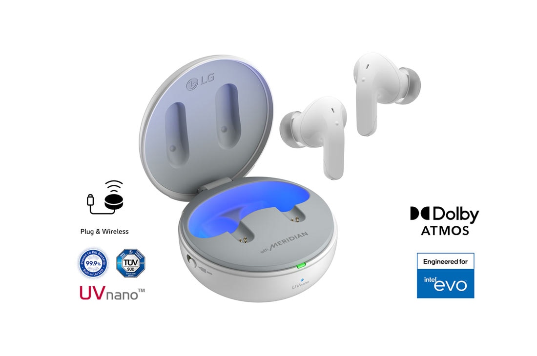 LG TONE Free T90 Dolby Atmos Earbuds - White, While the earbuds are in the air, light is emitted from the case, opening the cradle's lid. Plug and Wireless appear on the left, UVnano and Dolby Atmos logos on the right., TONE-T90Q