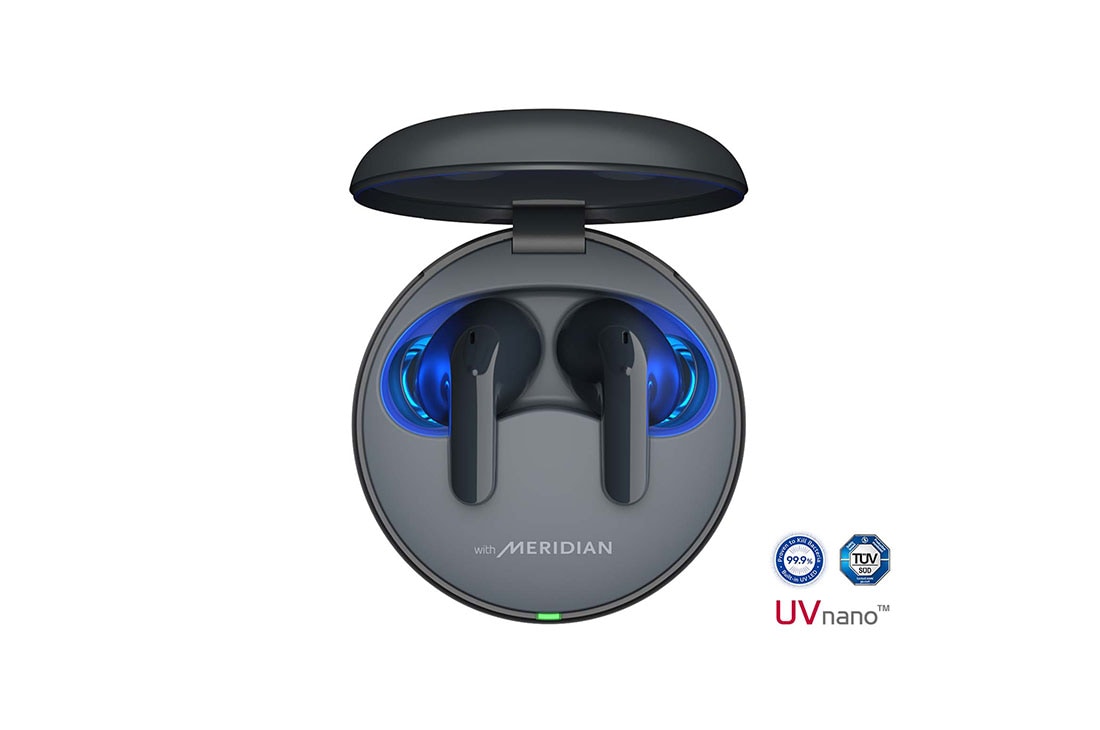 LG TONE Free T60 Earbuds - Active Noise Cancellation - Black, The lid of the cradle is open, showing light coming out through the earbuds inside. The UVnano logo is visible from above., TONE-T60Q