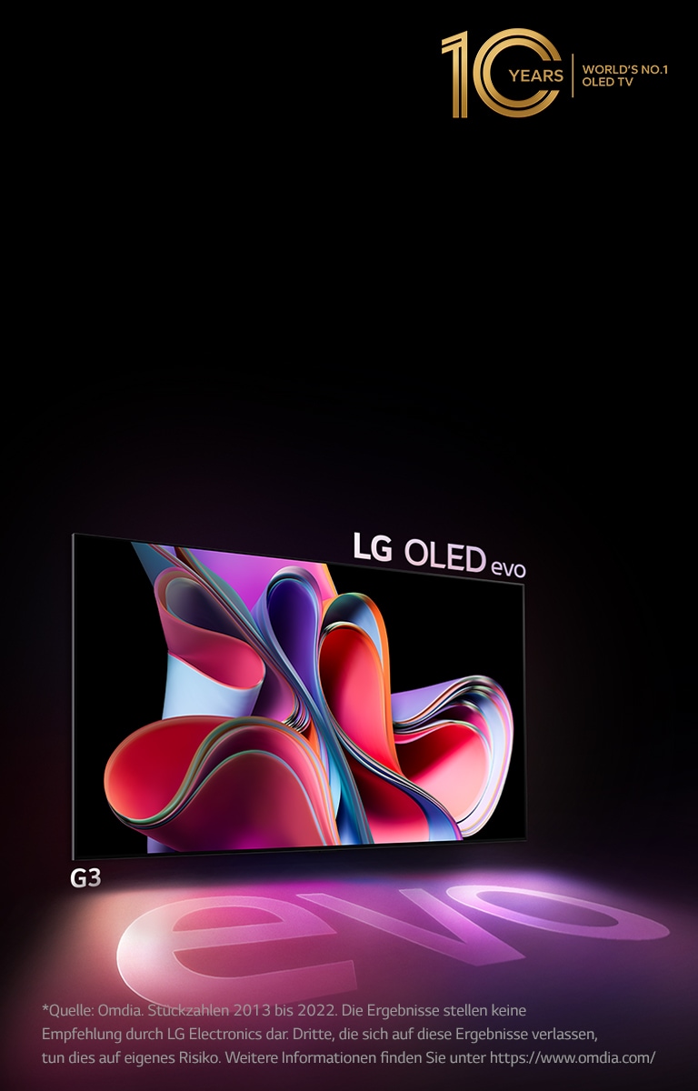 An image of LG OLED G3 against a black backdrop showing a bright pink and purple abstract artwork. The display casts a colorful shadow that features the word "evo."