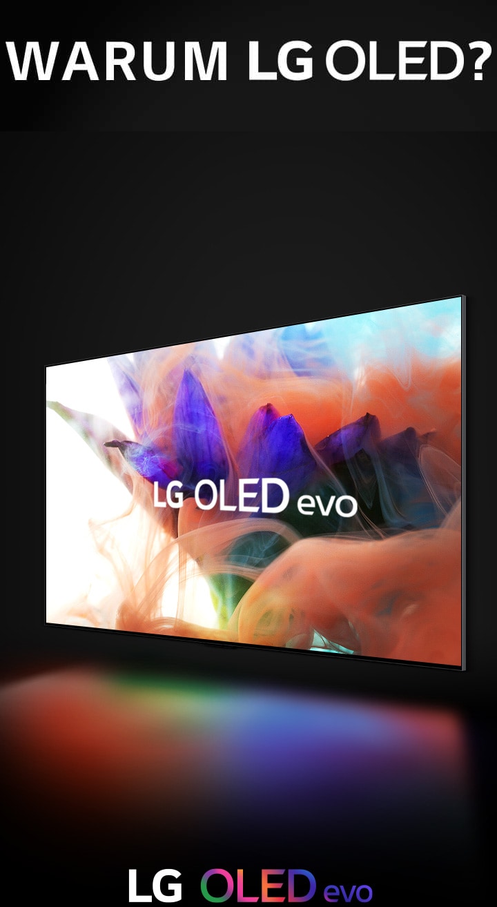 Der LG OLED evo TV taucht aus dem Schatten auf und füllt den Bildschirm mit einem lebendigen und abstrakten Blumenbild, das mit dem Text „This is the OLED evo difference“ (Darum macht OLED evo den Unterschied) überlagert wird.