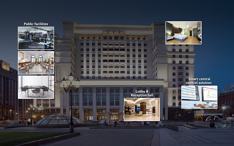 An image of a hotel with thumbnails of public facilities, a swimming pool, a guest room, a lobby, and a control center.