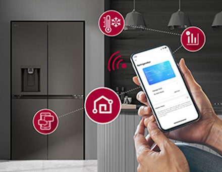 Smart phone is shown giving instructions to the fridge in background