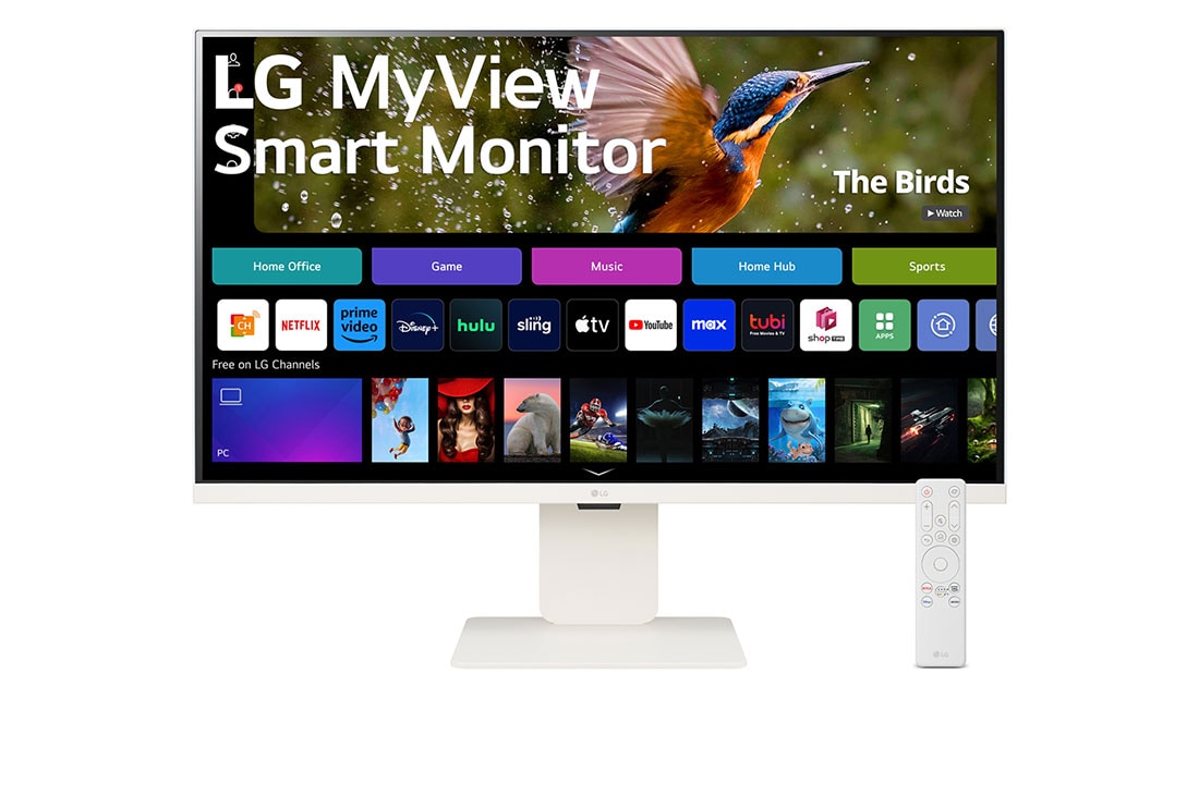 LG MyView 32'' 4K UHD IPS Smart Monitor with webOS, Front view with remote, 32SR83U-W