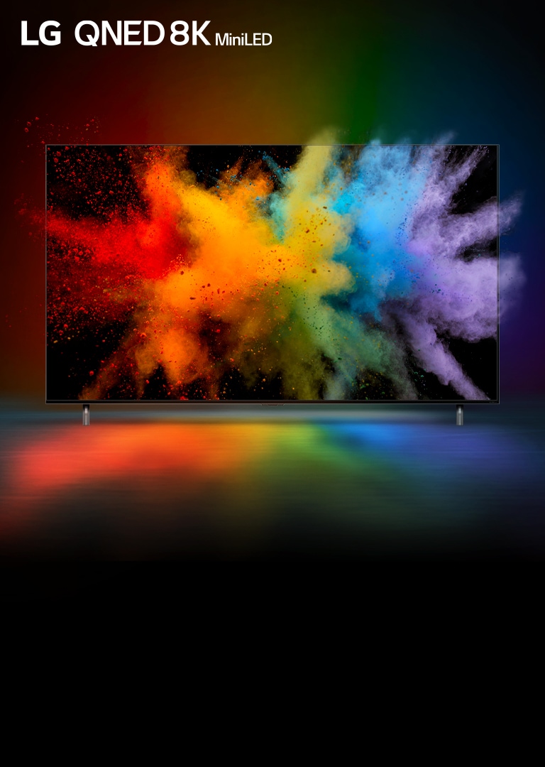 Телевизорът е поставен в черно пространство. Цветният прах експлодира на телевизионния монитор. 
