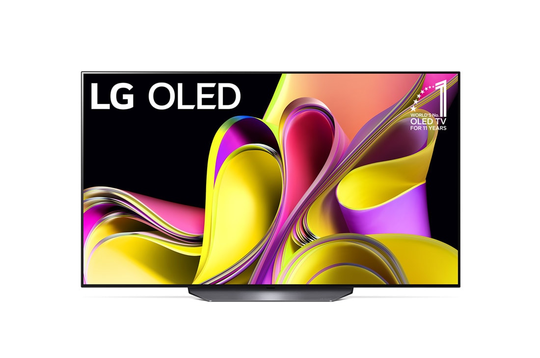 LG OLED B3 77-инчов 4K смарт телевизор от 2023 г., Изглед отпред на OLED телевизор на LG и емблема „11 години OLED телевизор №1 в света“., OLED77B33LA