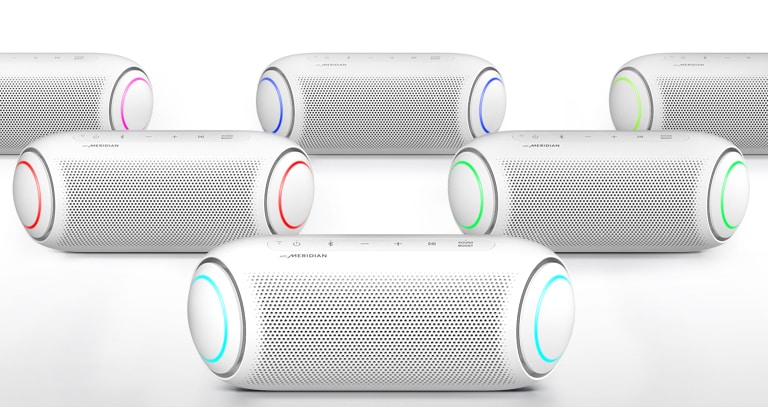 Em um fundo branco, cinco XBOOM Go apresentam diferentes cores de iluminação.