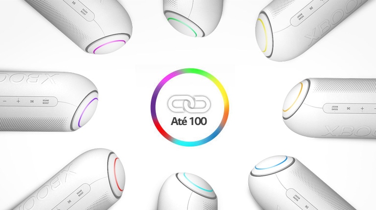 Em um fundo branco, oito LG XBOOM Go com várias luzes são colocadas em um círculo ao redor de um ícone de link.