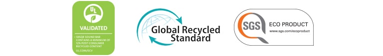 From left UL VALIDATED (logo), Global Recycled Standard (logo), SGS ECO PRODUCT (logo) are shown.