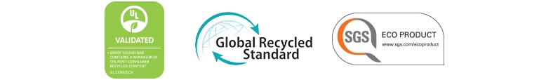 A partir da esquerda, são mostrados: UL VALIDATED (logotipo), Global Recycled Standard (logotipo), SGS ECO PRODUCT (logotipo).