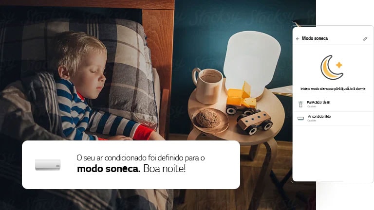 A imagem mostra um menino dormindo em uma cama. Ao lado dele, está a tela do aplicativo LG ThinQ exibindo as configurações do ar-condicionado do seu quarto.