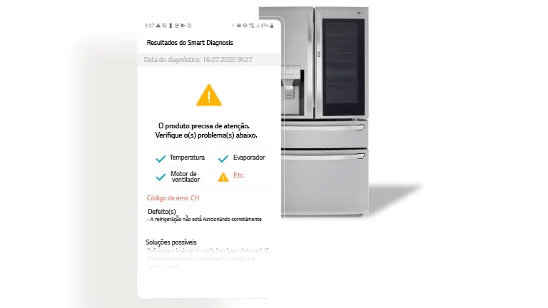 A imagem mostra a tela de diagnóstico do aplicativo LG ThinQ ao lado de um refrigerador.