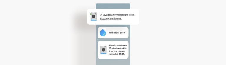 A imagem mostra uma tela com atualizações de status da lavadora no aplicativo LG ThinQ.