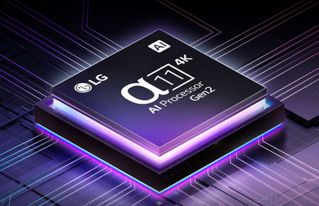 Um processador Alpha 11 AI 4K na parte superior de uma placa-mãe, emitindo raios de luz roxos e rosa.