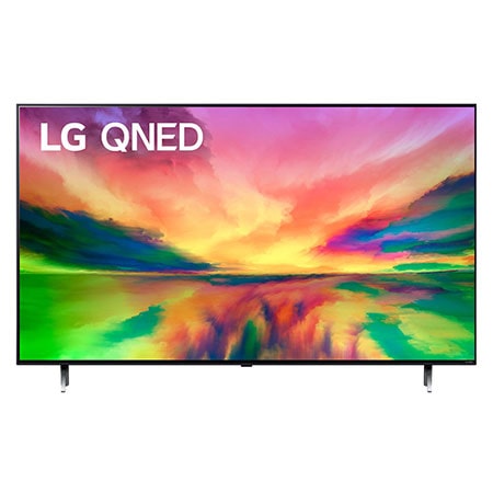 Vista frontal da TV LG QNED com imagem de preenchimento e logotipo do produto sobre si