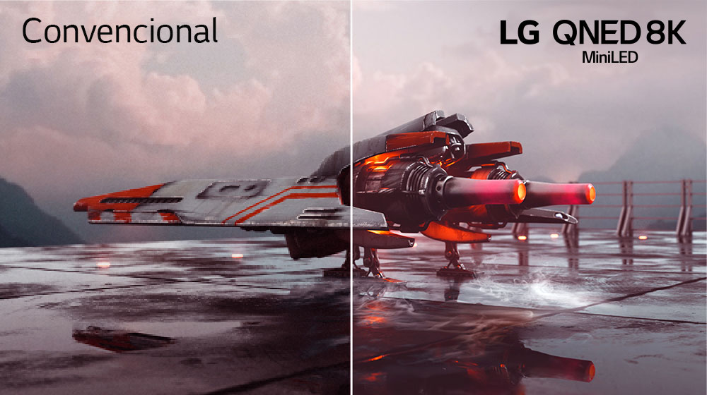 Há um avião de combate vermelho e uma imagem é dividida em duas – a metade esquerda da imagem parece menos colorida e um pouco mais escura, enquanto a metade direita da imagem é mais brilhante e colorida. No canto superior esquerdo da imagem está escrito Convencional e no canto superior direito está o logotipo LG QNED.