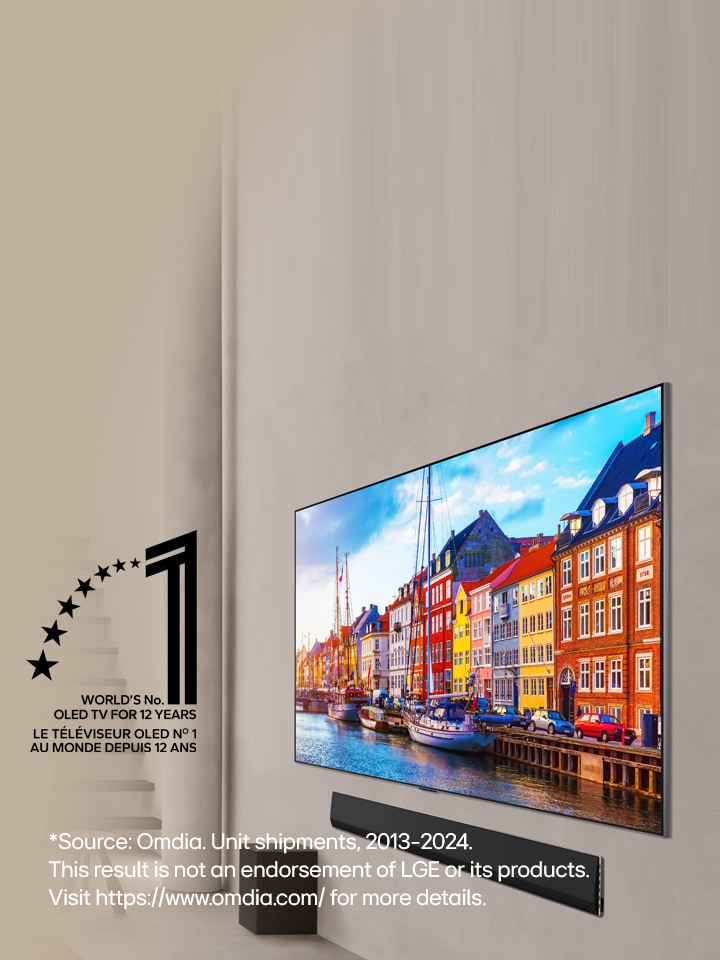 An overhead perspective of a man and woman watching a concert on a large OLED TV in a modern apartment. The "World's number 1 OLED TV for 11 Years" emblem is in the image. A disclaimer reads: "Source: Omdia. Unit shipments, 2013 to 2023. Results are not an endorsement of LG Electronics. Any reliance on these results is at the third party’s own risk. Visit https://www.omdia.com/ for more details."