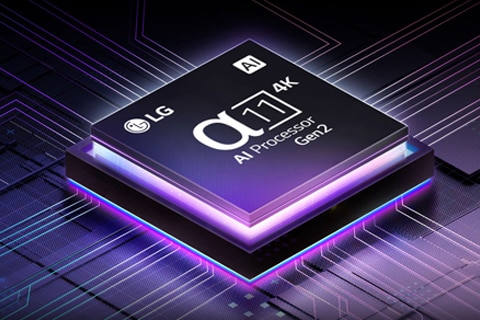 An alpha 11 AI Processor 4K on top of a motherboard, emitting purple and pink bolts of light.