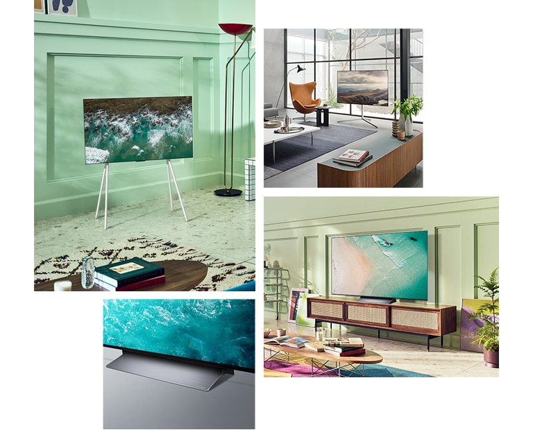 An LG OLED C2 with Floor Stand is in the corner of a mint-coloured room. An LG OLED C2 with Gallery Stand sits in front of a large window in a modern room. An LG OLED C2 sits on a vintage TV cabinet in a lime green room with colourful art and furnishings. A close-up angled view of LG OLED C2's base.