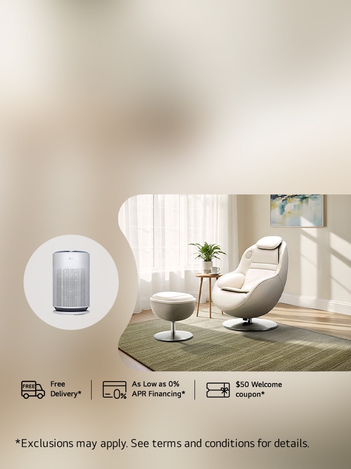 Relax in a massage recliner at a featured price and breathe fresh with a free air purifier valued at $349.99!