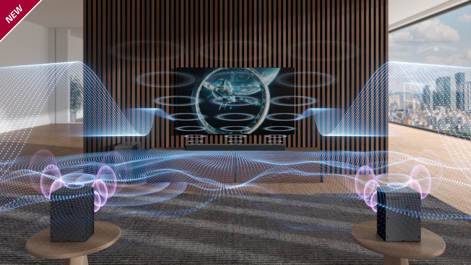 Des ondes sonores bleues de formes variées sont émises par la barre de son et le téléviseur. La mention « NOUVEAU » est indiquée dans le coin supérieur gauche.
