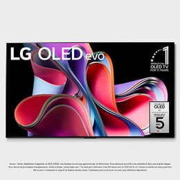 Vue de face avec LG OLED evo, Symbole OLED nº1 au monde depuis 10 ans et Garantie de panneau de 5 ans à l’écran