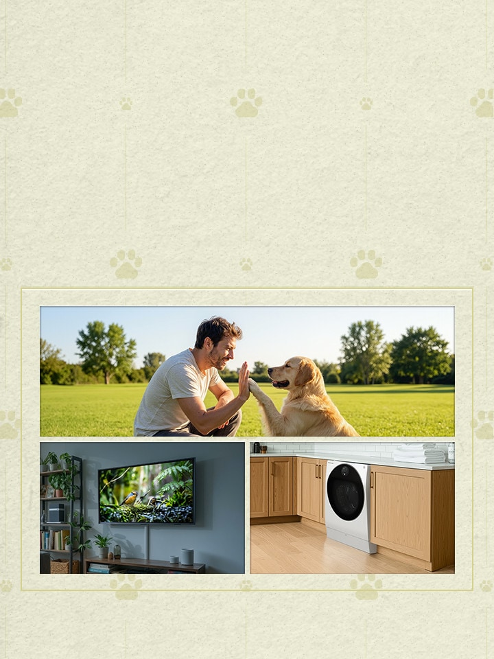 Banner životního stylu zobrazující každodenní domácí rutiny s spotřebiči LG