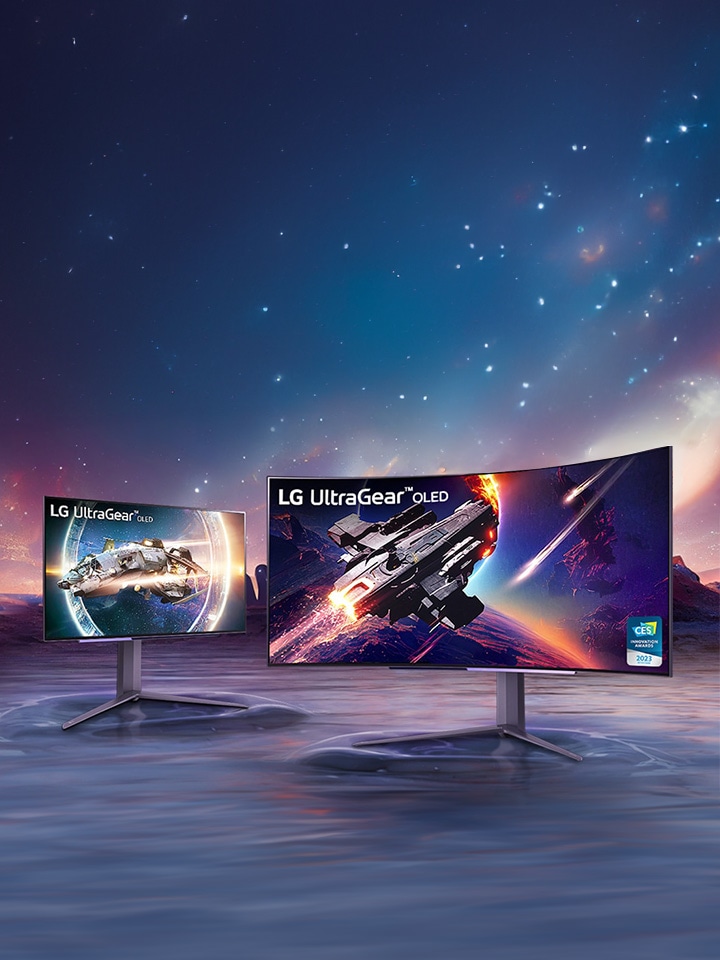 Monitor UltraGear je umístěn na stole u okna, v němž je vidět západ slunce, a zobrazuje herní obrazovku.