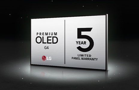 Obrázek loga LG OLED Care+ a 5leté záruky na panel na černém pozadí.