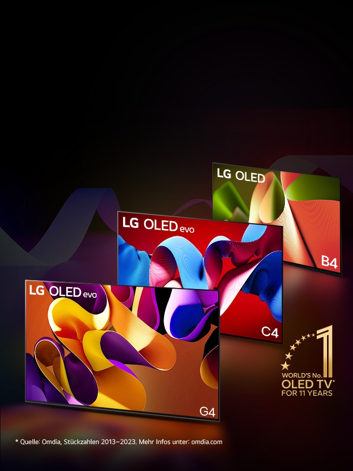 Ein Bild des LG OLED G3 vor einem schwarzen Hintergrund zeigt ein abstraktes Kunstwerk in leuchtendem Pink und Violett. Der Bildschirm präsentiert sich in einem farbenfrohen Schatten mit dem Wort „evo“. Das Emblem „10 Jahre weltweite Nr. 1 OLED TV“ befindet sich oben links auf dem Bild. 
