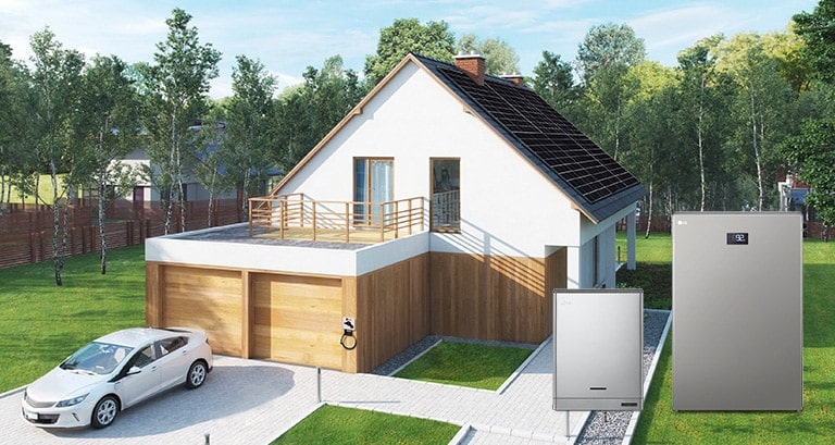 Ein Haus mit Solarmodulen auf dem Dach. Ein Auto steht vor dem Haus und 2 Energy Solar System-Modelle befinden sich auf der rechten Seite.