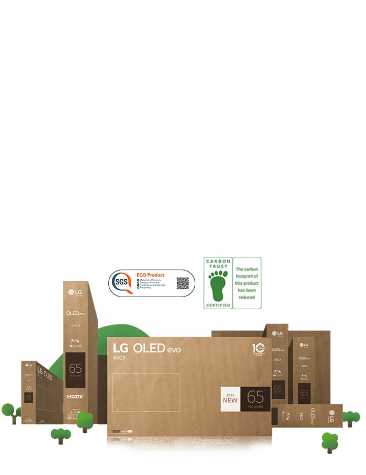 Umweltfreundliche LG OLED-Kartonverpackungen mit Abbildungen von grünen Bäumen und einem Berg.