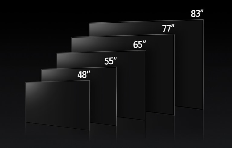 Ein Bild, auf dem die verschiedenen Größen der LG OLED evo TV C3-Serie verglichen werden - mit 48 Zoll, 55 Zoll, 65 Zoll, 77 Zoll und 83 Zoll.