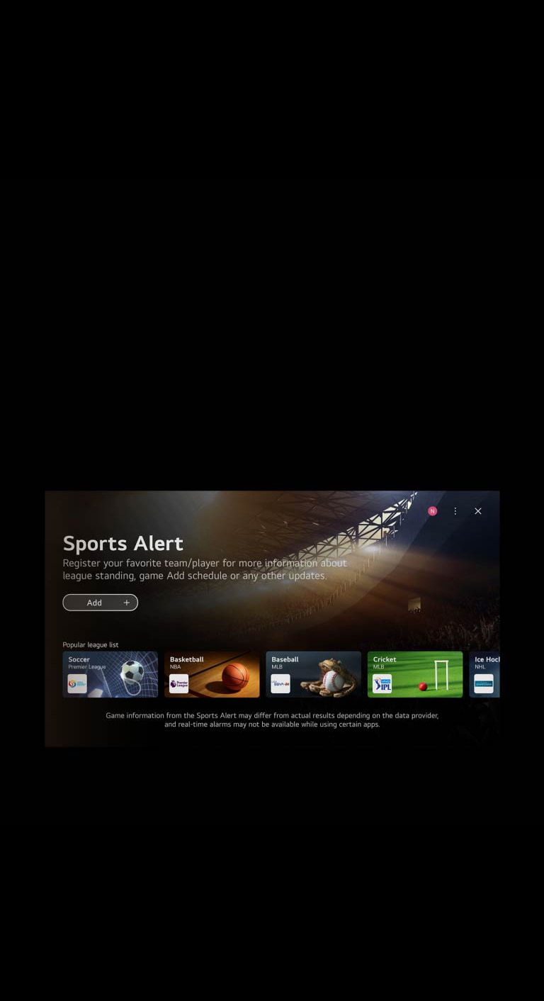 Ein Video, das die Startseite des webOS anzeigt. Der Cursor klickt auf die Game Quick Card und dann auf die Sports Quick Card, beide führen zu Bildschirmen mit entsprechendem Inhalt.