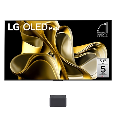 Frontansicht mit LG OLED M3 und Zero Connect Box unten, 10 Jahre World No.1 OLED Emblem, LG OLED evo und 5-Jahres-Panel-Garantie-Logo auf dem Bildschirm