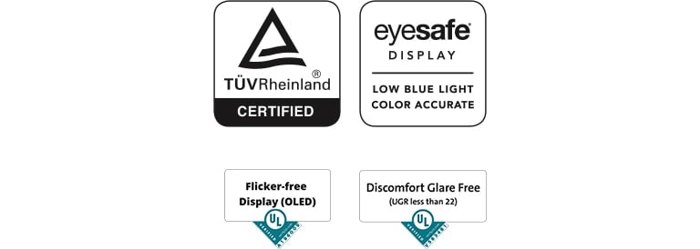 Logo von TÜV Rheinland Eyesafe Display, Logo von Flicker-free Display, Logo von Discomfort GlareFree