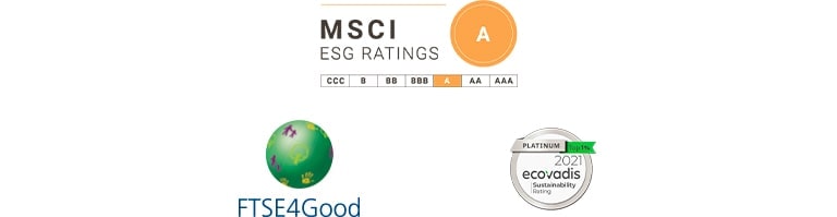 Logo von MSCI ESG, Logo von FTSE4Good, Logo von 2020 Eco Vadis