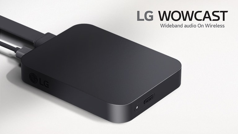 Vue en diagonale du côté droit de WOWCAST, légèrement du dessus. WOWCAST est placé sur un fond gris clair. Un logo du produit LG WOWCAST est placé au-dessus de la copie.