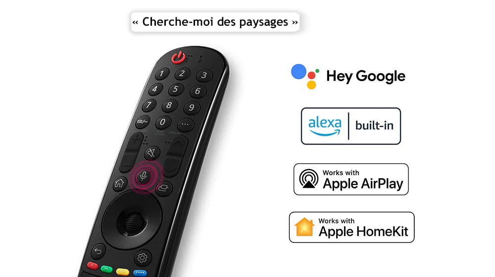 Une télécommande avec une bulle indiquant « Cherche-moi des paysages ». Les logos des services de streaming affiliés sont illustrés.