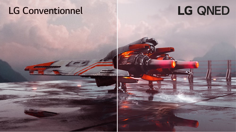 Un avion de chasse rouge et une image divisée en deux – la partie gauche de l’image semble moins colorée et légèrement plus sombre tandis que la partie droite est plus lumineuse et plus colorée. Dans le coin supérieur gauche de l’image, on peut lire « LG Conventionnel » et dans le coin supérieur droit, le logo LG QNED.